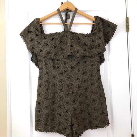 Anthropologie J.O.A. Olive Lace Halter Cold Shoulder Romper Green Brown - Picture 4 of 8